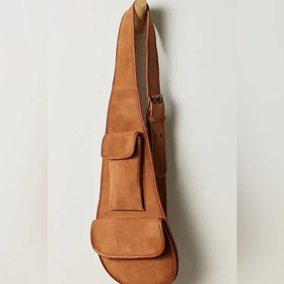 Free People Selena Suede Sling Bag Cognac New Tan Pocket Bag - Picture 1 of 6